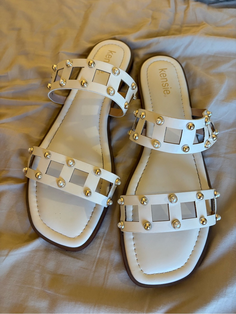 Kensie White Double-Strap Slide Sandals with Gold Studs